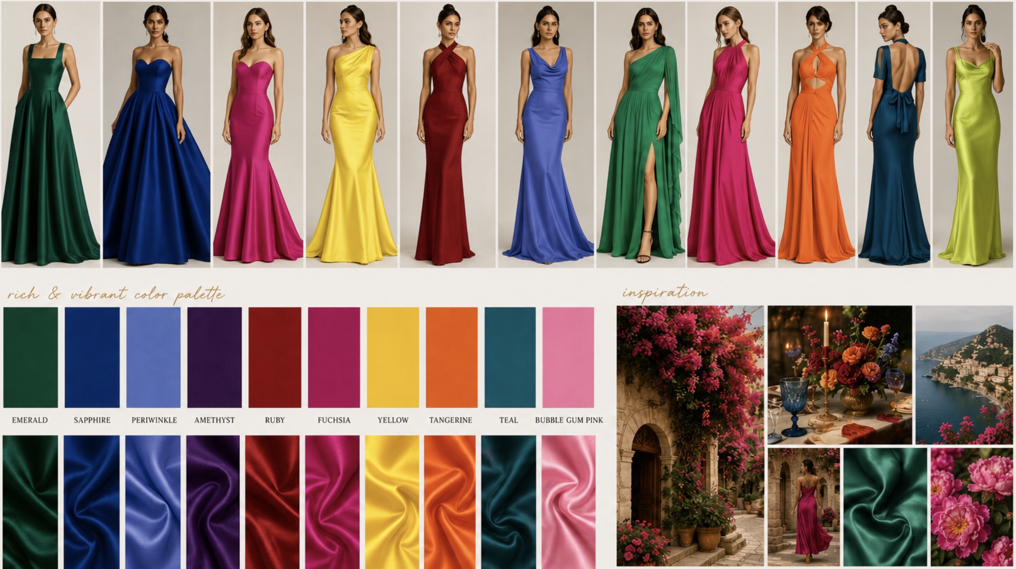 Inspiração de vestidos formais e cores vibrantes para mulheres